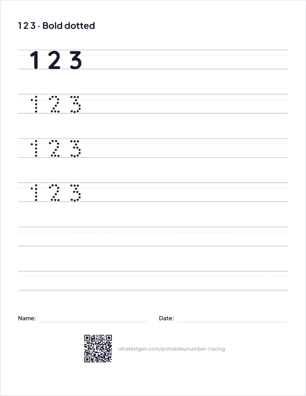 Number tracing worksheet sample: 1 2 3 as a solid model above dotted rows to trace on ruled handwriting lines