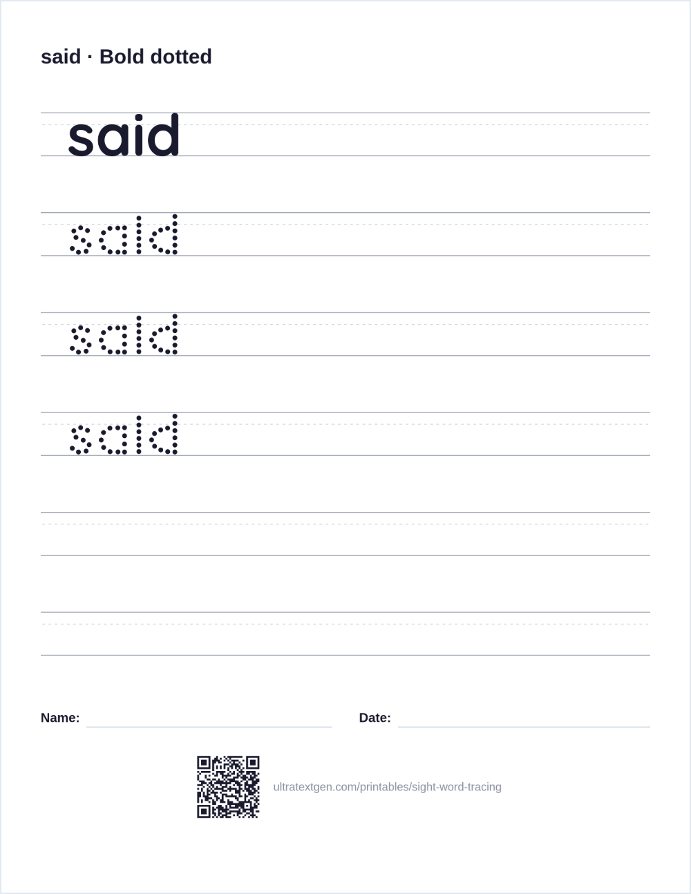 Sight word tracing worksheet sample for the word said: a solid model above dotted rows to trace on ruled lines
