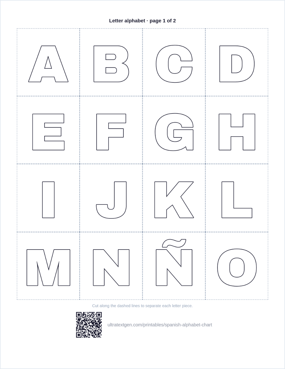 Printable Spanish alphabet chart: the first sheet of the 27-letter set in hollow block letters, the letter enye included