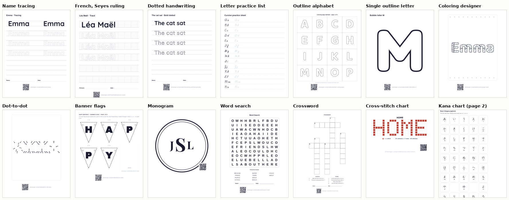 Fourteen of the test sheets as exported unchanged: name tracing, a French sheet with Seyes ruling, dotted handwriting, a letter practice list, an outline alphabet, a single outline letter, a coloring page, dot-to-dot, banner flags, a monogram, a word search, a crossword, a cross-stitch chart and page 2 of a kana chart.